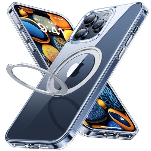 andobil [Upgraded] for iPhone 14 Pro Max Clear Case with 360° Rotatable Ring Stand [Compatible with MagSafe] [Military Grade Protection] Magnetic Invisible Kickstand, Ultra Clear