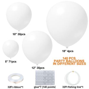 140Pcs White Balloons White Balloon Garland Arch Kit 5/10/12/18 Inch Matte Latex White Balloons Different Sizes as Baby Shower Balloons Birthday Balloons Wedding Christmas Balloons Party Decorations