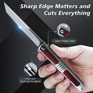 ohmonlyhoo Pocket Knife for Men, 3.5 inch Folding Knife with Pocket Clip,Rosewood Handle Tanto Knife, Great Gift For Men and Women