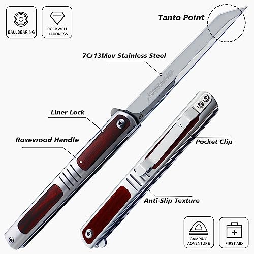 ohmonlyhoo Pocket Knife for Men, 3.5 inch Folding Knife with Pocket Clip,Rosewood Handle Tanto Knife, Great Gift For Men and Women