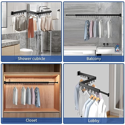 SOCONT Clothes Drying Rack，Black Wall Mounted Clothes Hanger Rack Expandable, Space Saving, Used in Balcony, Laundry Room, Bathroom.