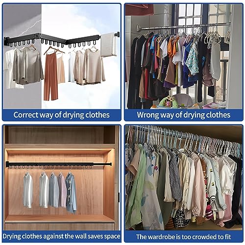 SOCONT Clothes Drying Rack，Black Wall Mounted Clothes Hanger Rack Expandable, Space Saving, Used in Balcony, Laundry Room, Bathroom.
