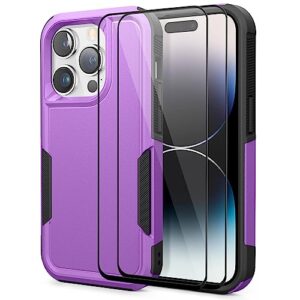 oumida for iphone 14 pro case, [with 2 pcs tempered glass screen protector] [shockproof] dual layer back hardshell rugged tough full body protective cell phone cover case for 14 pro (purple)