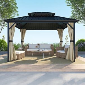 mondawe 10x12ft hardtop gazebo with curtains permanent gazebo heavy duty galvanized steel double roof steel frame canopy outdoor pavilion for patio lawn garden