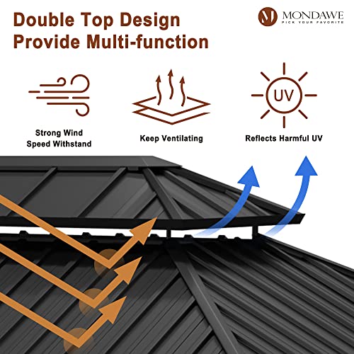MONDAWE 10x12Ft Hardtop Gazebo with Curtains Permanent Gazebo Heavy Duty Galvanized Steel Double Roof Steel Frame Canopy Outdoor Pavilion for Patio Lawn Garden
