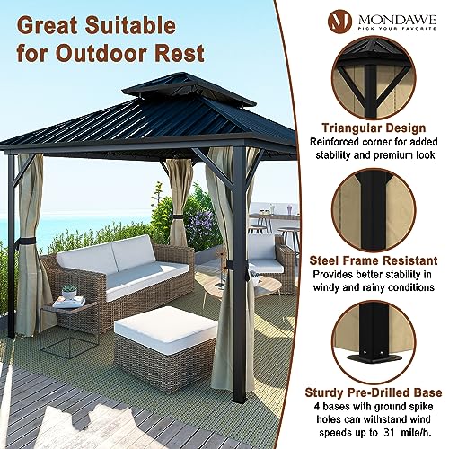 MONDAWE 10x12Ft Hardtop Gazebo with Curtains Permanent Gazebo Heavy Duty Galvanized Steel Double Roof Steel Frame Canopy Outdoor Pavilion for Patio Lawn Garden