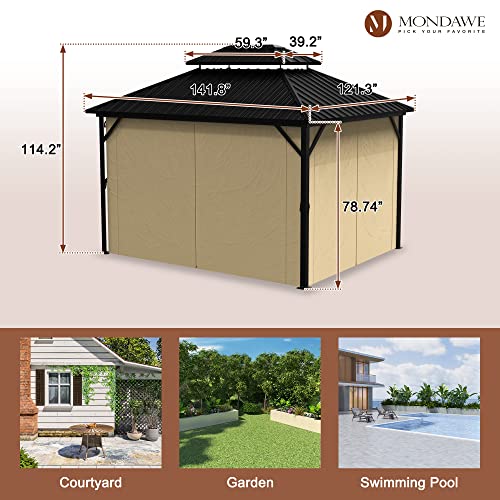 MONDAWE 10x12Ft Hardtop Gazebo with Curtains Permanent Gazebo Heavy Duty Galvanized Steel Double Roof Steel Frame Canopy Outdoor Pavilion for Patio Lawn Garden