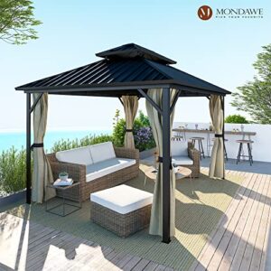 MONDAWE 10x12Ft Hardtop Gazebo with Curtains Permanent Gazebo Heavy Duty Galvanized Steel Double Roof Steel Frame Canopy Outdoor Pavilion for Patio Lawn Garden