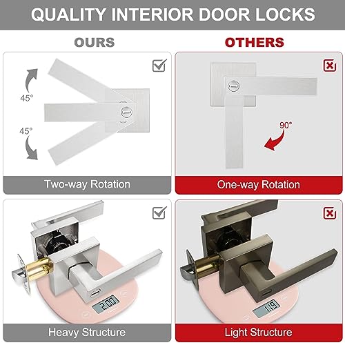 6 Pack Square Door Lever Privacy Door Lock Handleset, Keyless Lockset Door Knobs Interior Door Knobs Storage Room Bathroom Set Reversible Keyless Flat Levers in Satin Nickel