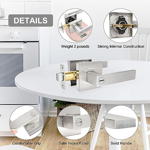 6 Pack Square Door Lever Privacy Door Lock Handleset, Keyless Lockset Door Knobs Interior Door Knobs Storage Room Bathroom Set Reversible Keyless Flat Levers in Satin Nickel