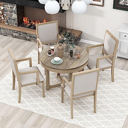 5-Piece Wooden Dining Table Set Two-Size Round to Oval Extendable Butterfly Leaf Wood Dining Table and 4 Upholstered Dining Chairs with Armrests for Kitchen, Dinning Room (Natural Wood Wash)