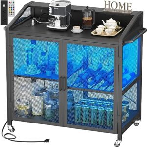 cyclysio sideboard buffet cabinet with power outlets, wine bar cabinet with led lights kitchen storage cabinet modern accent buffet cabinet with door for bedroom, living room, kitchen, office black