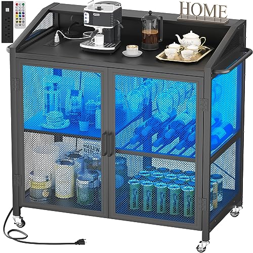 Cyclysio Sideboard Buffet Cabinet with Power Outlets, Wine Bar Cabinet with LED Lights Kitchen Storage Cabinet Modern Accent Buffet Cabinet with Door for Bedroom, Living Room, Kitchen, Office Black
