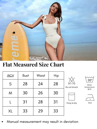 QINSEN One Piece Swimsuits for Women with Adjustable Tie Straps Elastic Belt Moderate Coverage Bathing Suit Rosy L