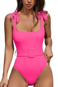 qinsen one piece swimsuits for women with adjustable tie straps elastic belt moderate coverage bathing suit rosy l