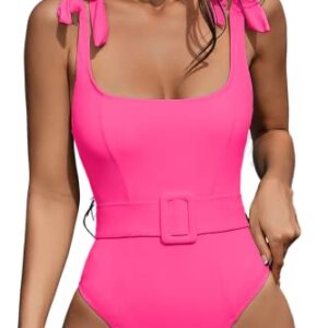 QINSEN One Piece Swimsuits for Women with Adjustable Tie Straps Elastic Belt Moderate Coverage Bathing Suit Rosy L