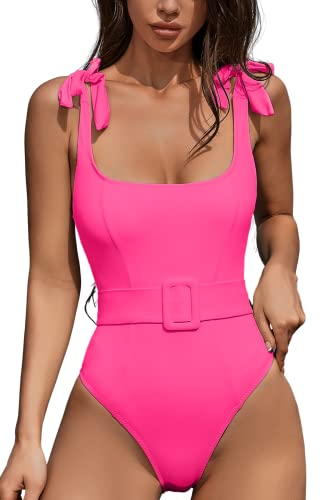 QINSEN One Piece Swimsuits for Women with Adjustable Tie Straps Elastic Belt Moderate Coverage Bathing Suit Rosy L