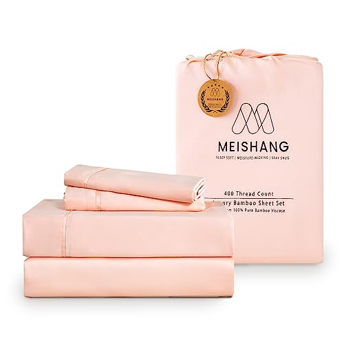 MEISHANG Bamboo Sheet Set Queen Size - 100% Pure Organic Viscose - 400TC Bamboo Cooling Bed Sheets Set - Fit 16 Inch Deep Pocket - 4 Piece Set Silky Soft Luxury - Queen, Light Pink