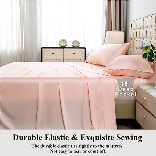 MEISHANG Bamboo Sheet Set Queen Size - 100% Pure Organic Viscose - 400TC Bamboo Cooling Bed Sheets Set - Fit 16 Inch Deep Pocket - 4 Piece Set Silky Soft Luxury - Queen, Light Pink