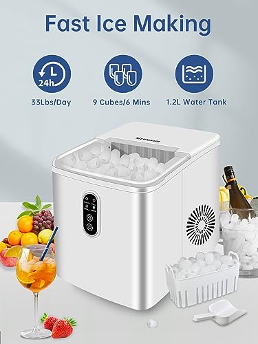 Myetasser Countertop Ice Maker, Portable Ice Maker Machine with Ice Scoop and Basket, 9 Bullet Ice Ready in 6 Mins, Make 33lbs ice in 24 hrs, Self-Cleaning, Ice Maker for Home/Kitchen/Office