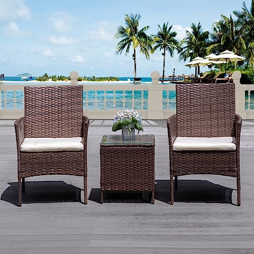 3 Pieces Patio Furniture Sets PE Rattan Wicker Chairs with Table Outdoor Garden Porch Furniture Sets Bistro Set Conversation Sets Garden Furniture for Yard Backyard Lawn Porch Poolside Balcony