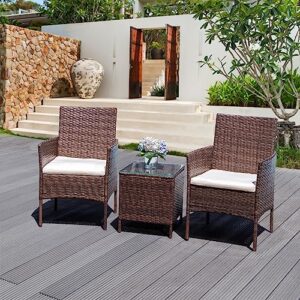 3 Pieces Patio Furniture Sets PE Rattan Wicker Chairs with Table Outdoor Garden Porch Furniture Sets Bistro Set Conversation Sets Garden Furniture for Yard Backyard Lawn Porch Poolside Balcony