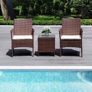 3 Pieces Patio Furniture Sets PE Rattan Wicker Chairs with Table Outdoor Garden Porch Furniture Sets Bistro Set Conversation Sets Garden Furniture for Yard Backyard Lawn Porch Poolside Balcony