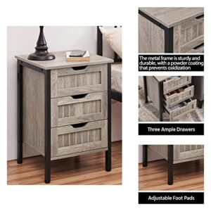 Yaheetech Wood Nightstand, Bedside Table with 3 Drawers, Metal Frame Bedside Cupboard Cabinet Unit Chest of Drawer with Storage Compartments for Bedroom, Gray