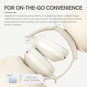 iKF Solo Hybrid Active Noise Cancelling Wireless Wired Headphones,130H Playtime,6EQ Sound Modes with Microphone, Foldable Lightweight Bluetooth V5.3 for Travel/Office/PC（Offwhite）