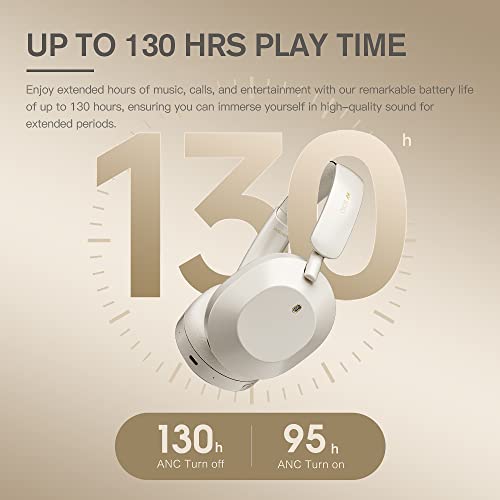 iKF Solo Hybrid Active Noise Cancelling Wireless Wired Headphones,130H Playtime,6EQ Sound Modes with Microphone, Foldable Lightweight Bluetooth V5.3 for Travel/Office/PC（Offwhite）