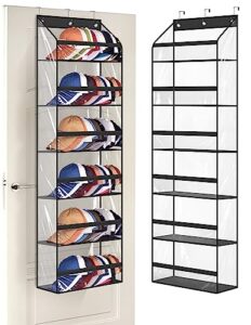aooda clear over the door hat racks for baseball caps, large holds up to 72 caps hat storage organizer for closet wall, deep pockets hanging hat holder with 3 hooks, black