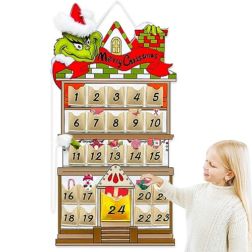 KOUPA Hanging Christmas Countdown Advent Calendar, Santa Grinch Green Haired Monster Decoration, Reusable Xmas Gift for Holiday Party Winter