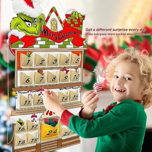 KOUPA Hanging Christmas Countdown Advent Calendar, Santa Grinch Green Haired Monster Decoration, Reusable Xmas Gift for Holiday Party Winter