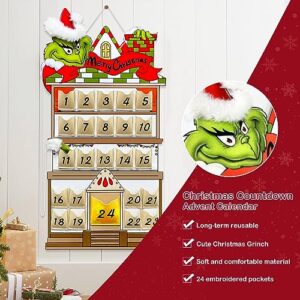 KOUPA Hanging Christmas Countdown Advent Calendar, Santa Grinch Green Haired Monster Decoration, Reusable Xmas Gift for Holiday Party Winter