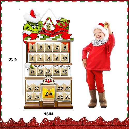 KOUPA Hanging Christmas Countdown Advent Calendar, Santa Grinch Green Haired Monster Decoration, Reusable Xmas Gift for Holiday Party Winter