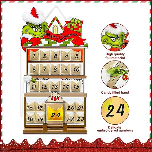 KOUPA Hanging Christmas Countdown Advent Calendar, Santa Grinch Green Haired Monster Decoration, Reusable Xmas Gift for Holiday Party Winter