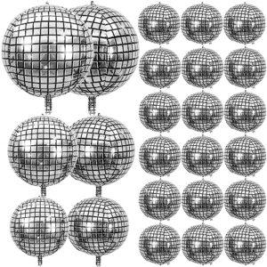 24 pcs disco ball balloons different sizes- 4d large disco balloons 10 inch 15 inch 18 inch 22 inch assorted round metallic silver disco balloons for disco themed party decor supplies