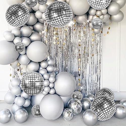 24 PCS Disco Ball Balloons Different Sizes- 4D Large Disco Balloons 10 Inch 15 Inch 18 Inch 22 Inch Assorted Round Metallic Silver Disco Balloons for Disco Themed Party Decor Supplies