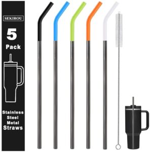 5pcs metal straws with silicone flex tip and cleaning brush, reusable stainless steel straw to fit 40 oz stanley tumbler and 24 oz starbucks cup (8mm black)