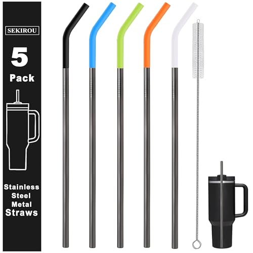 5PCS Metal Straws with Silicone Flex Tip and Cleaning Brush, Reusable Stainless Steel Straw to Fit 40 oz Stanley Tumbler and 24 oz Starbucks Cup (8mm Black)