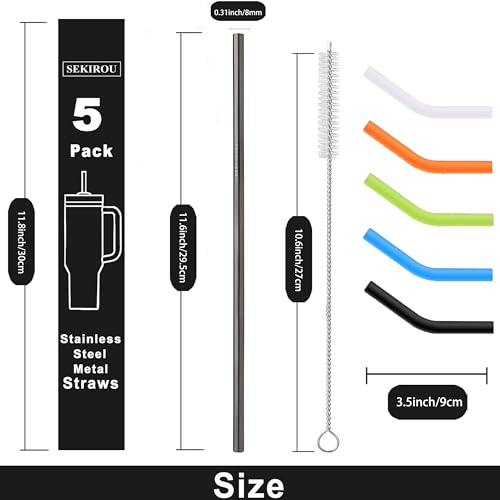 5PCS Metal Straws with Silicone Flex Tip and Cleaning Brush, Reusable Stainless Steel Straw to Fit 40 oz Stanley Tumbler and 24 oz Starbucks Cup (8mm Black)