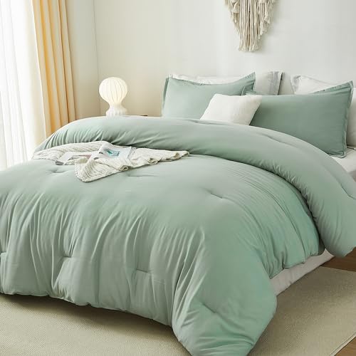 Andency Sage Green California King Comforter Set, 3 Pieces Cal King Lightweight Summer Soft Solid Bed Comforter, Oversized Fluffy Microfiber Bedding Set (104x96In, 2 Pillowcases)