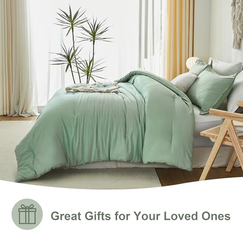 Andency Sage Green California King Comforter Set, 3 Pieces Cal King Lightweight Summer Soft Solid Bed Comforter, Oversized Fluffy Microfiber Bedding Set (104x96In, 2 Pillowcases)