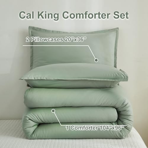 Andency Sage Green California King Comforter Set, 3 Pieces Cal King Lightweight Summer Soft Solid Bed Comforter, Oversized Fluffy Microfiber Bedding Set (104x96In, 2 Pillowcases)