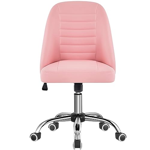 Yaheetech PU Leather Armless Office Chair Mid Back Desk Chair Computer Task Chair Modern Vanity Chair with Rolling Wheels, Metal Base Pink