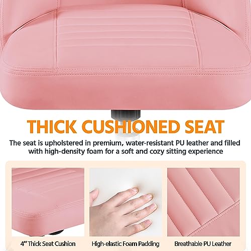 Yaheetech PU Leather Armless Office Chair Mid Back Desk Chair Computer Task Chair Modern Vanity Chair with Rolling Wheels, Metal Base Pink