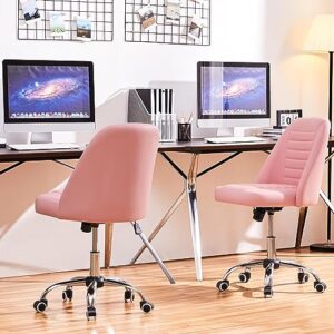 Yaheetech PU Leather Armless Office Chair Mid Back Desk Chair Computer Task Chair Modern Vanity Chair with Rolling Wheels, Metal Base Pink