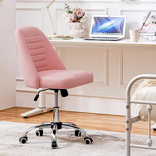 Yaheetech PU Leather Armless Office Chair Mid Back Desk Chair Computer Task Chair Modern Vanity Chair with Rolling Wheels, Metal Base Pink