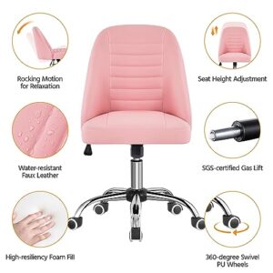 Yaheetech PU Leather Armless Office Chair Mid Back Desk Chair Computer Task Chair Modern Vanity Chair with Rolling Wheels, Metal Base Pink