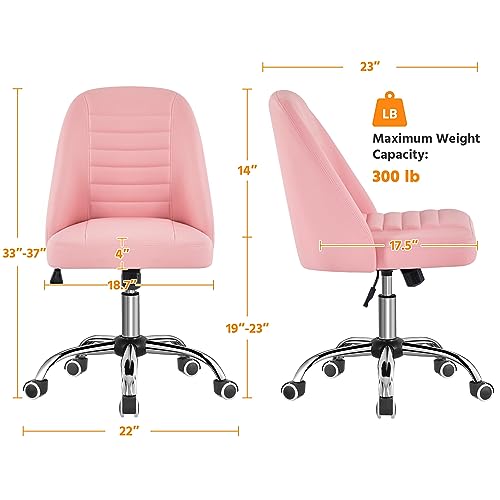 Yaheetech PU Leather Armless Office Chair Mid Back Desk Chair Computer Task Chair Modern Vanity Chair with Rolling Wheels, Metal Base Pink